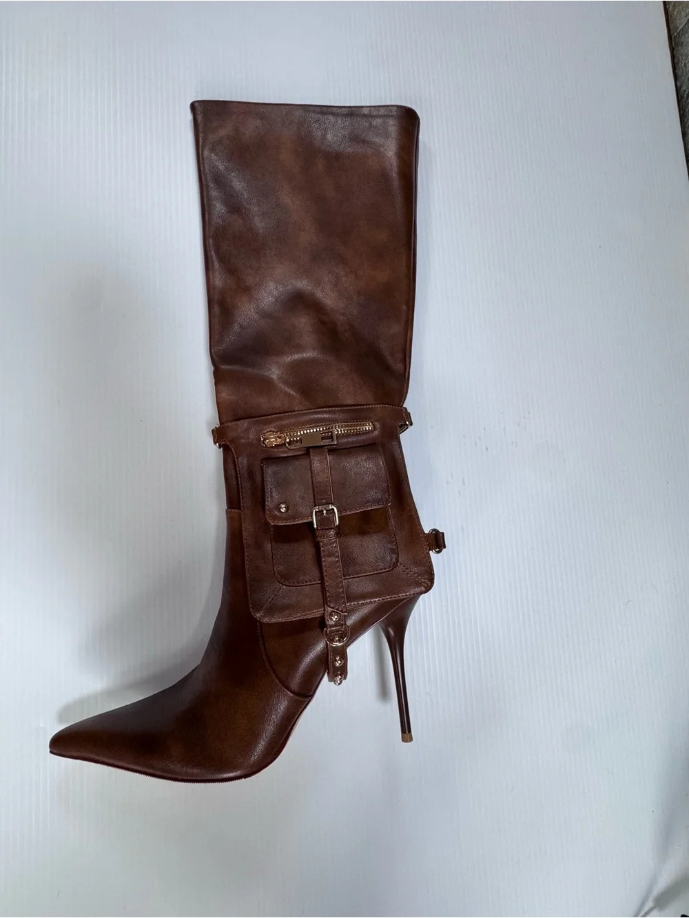Brown Knee-High Stiletto Boots w/ Pocket Detail | Size 6.5,7.5, 10 | NIB